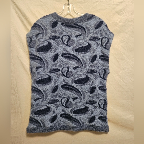 ZARA Jacquard Blue Fuzzy Vest,  Size M Eyelash Knit Sweater, Round Neck, Paisley - Picture 2 of 4